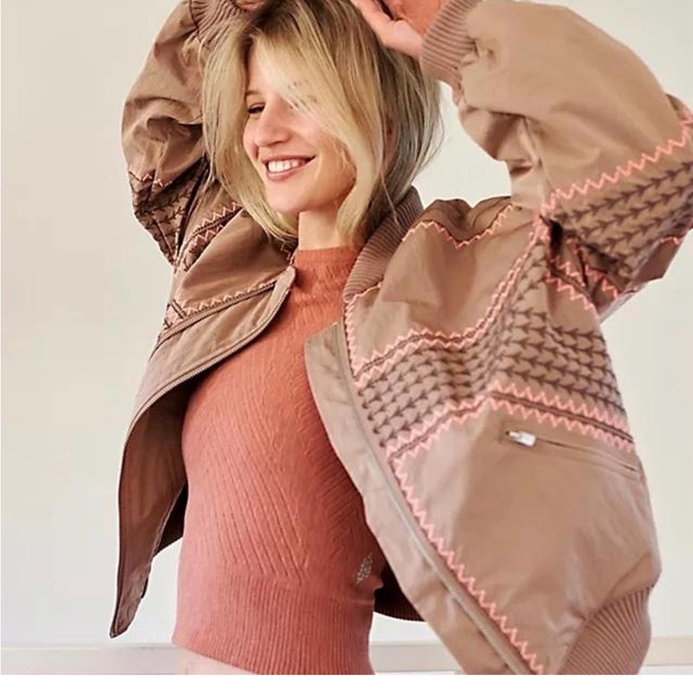 FP Movement by Free People Rust Brown Bomber Jacket with Pink Contrast Stitching - Picture 10 of 11